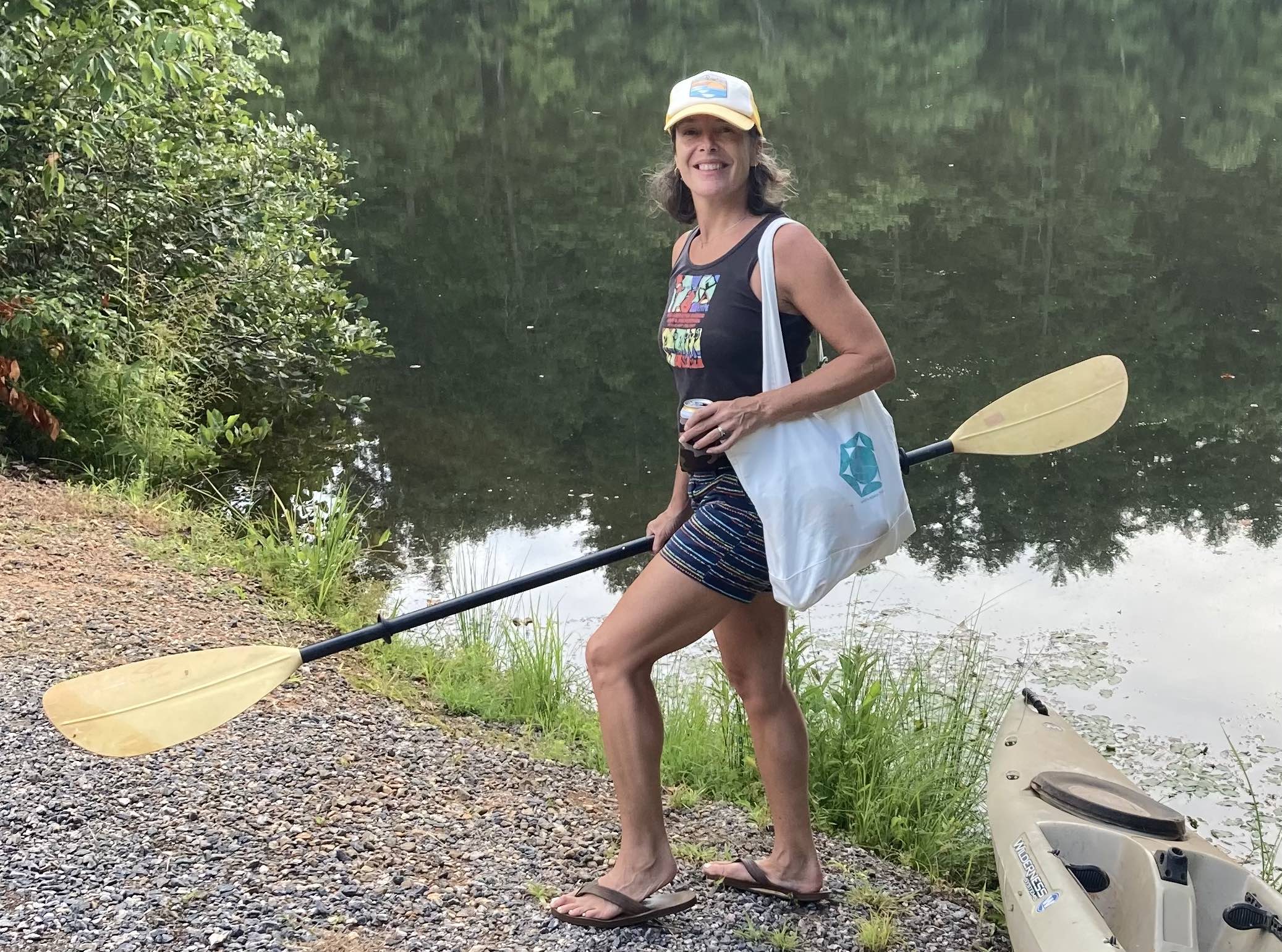 Michelle Shelfer getting ready to kayak the French Broad River.